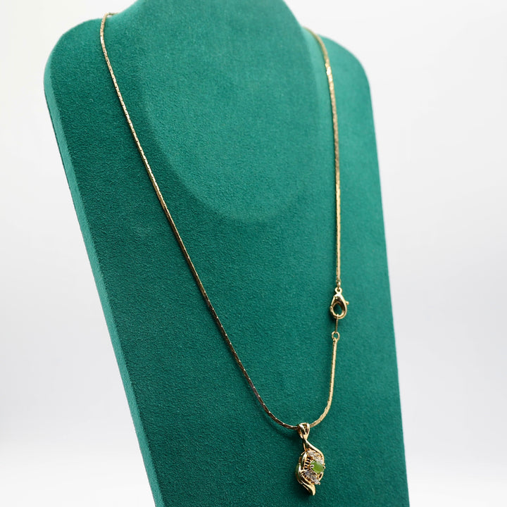 Gold Tone Costume Jewelry Chain Necklace and Pendant with Green Stones - 10.5 inches