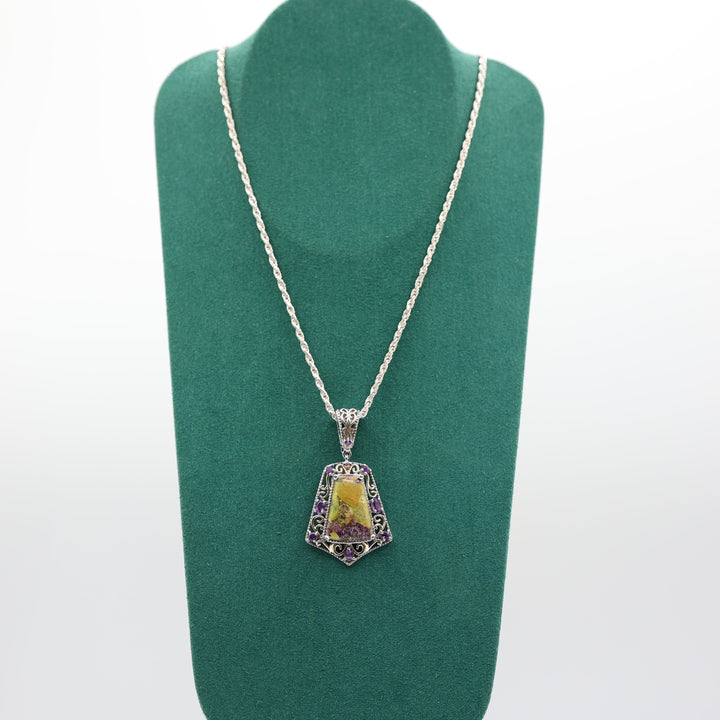 925 Sterling Silver Jasper and Amethyst Pendant & 23 Inch Twisted Chain