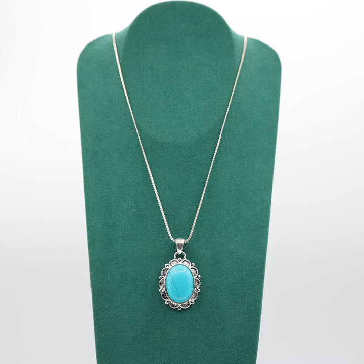 925 Sterling Silver 18 Inch Chain & 22x16 Turquoise Pendant Necklace