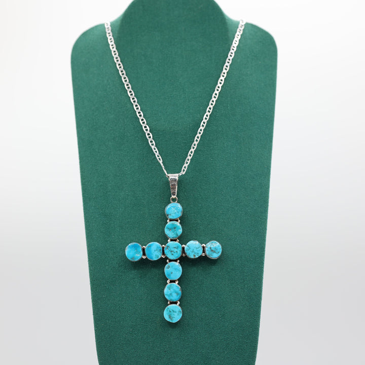 Silver Bottlecap Chain 16 Inch Turquoise Cross Necklace