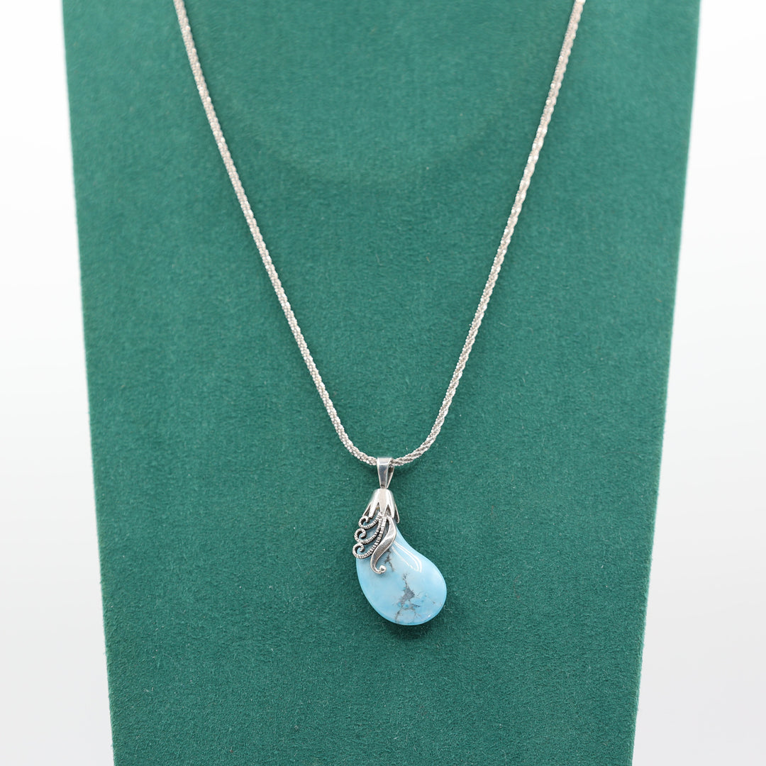 925 Sterling Silver Adjustable Chain Necklace & Turquoise Kidney Bean Pendant Necklace