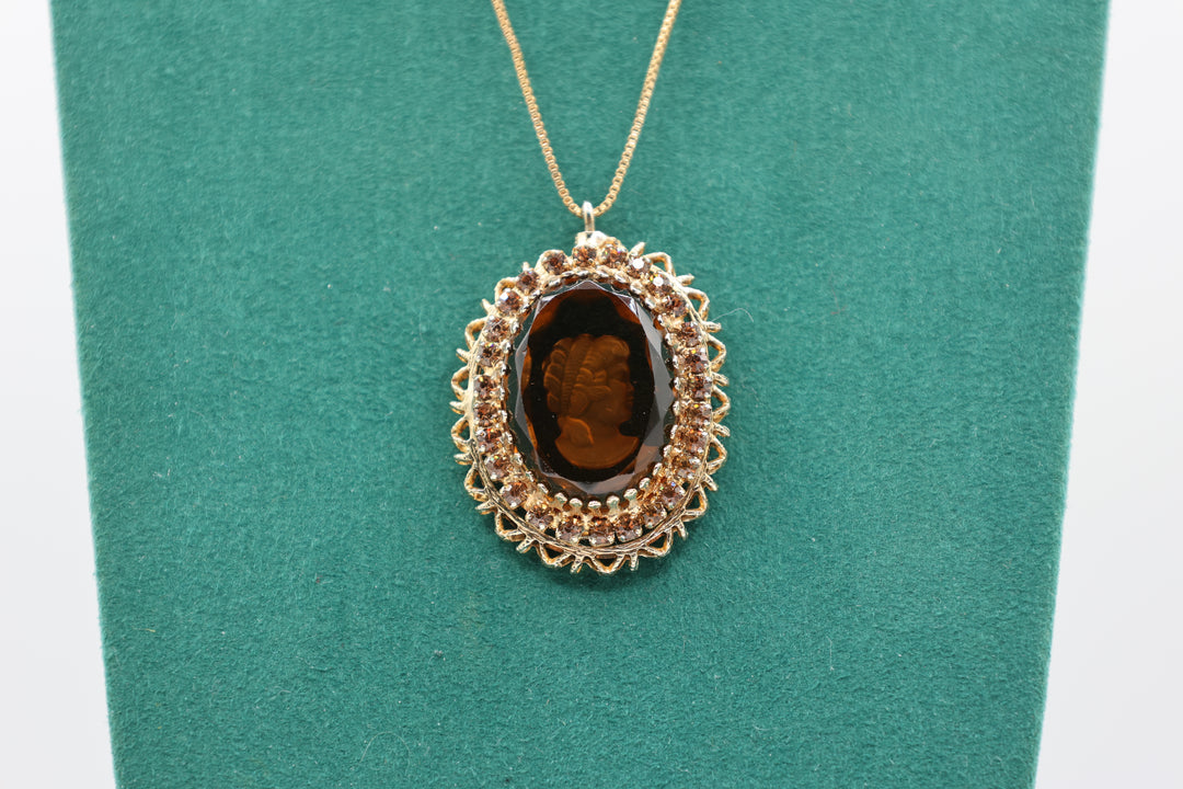 Sterling Silver Gold Plated 19 Inch Amber Cameo Necklace
