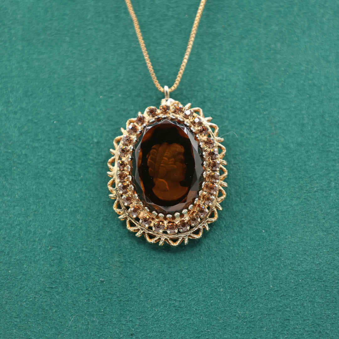 Sterling Silver Gold Plated 19 Inch Amber Cameo Necklace