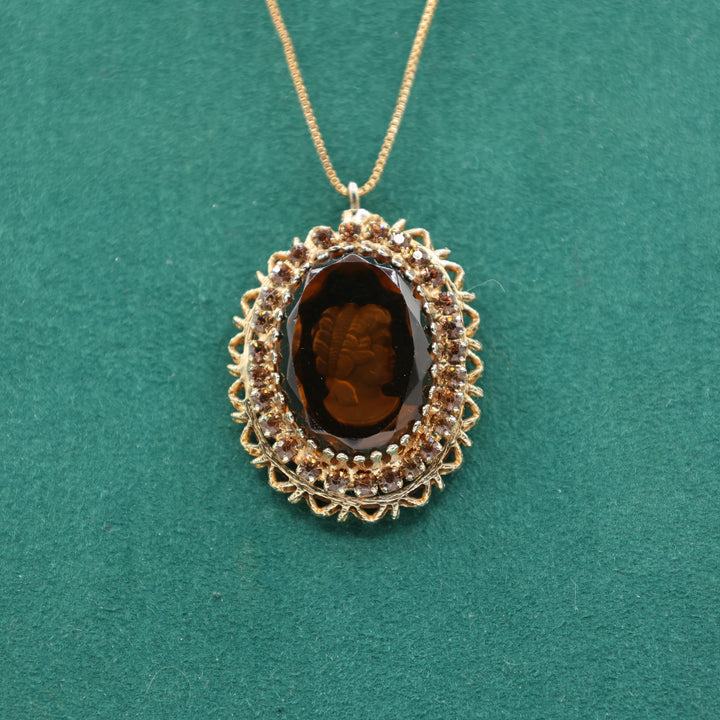Sterling Silver Gold Plated 19 Inch Amber Cameo Necklace