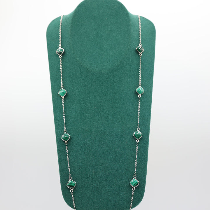 925 Sterling Silver 30 Inch Malachite Square Necklace