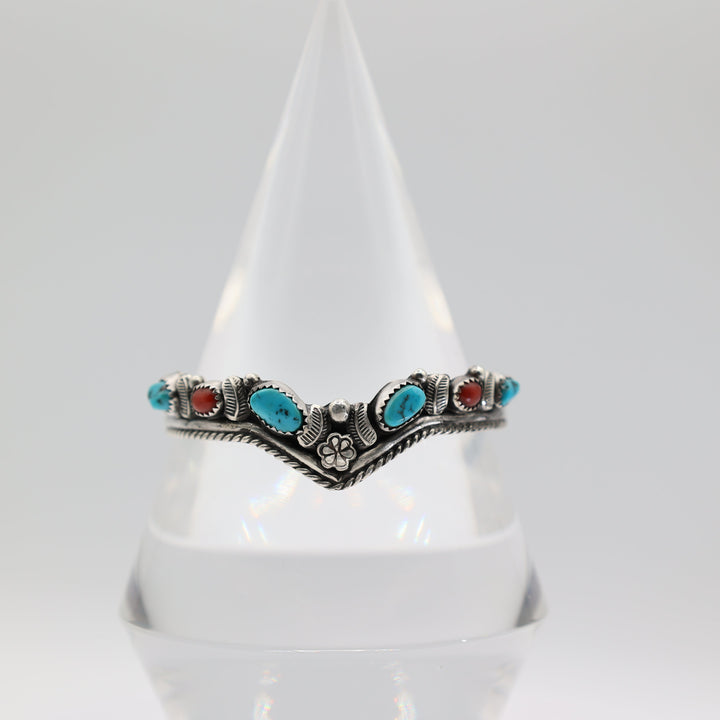 925 Sterling Silver Turquoise Red Coral Cuff Bracelet