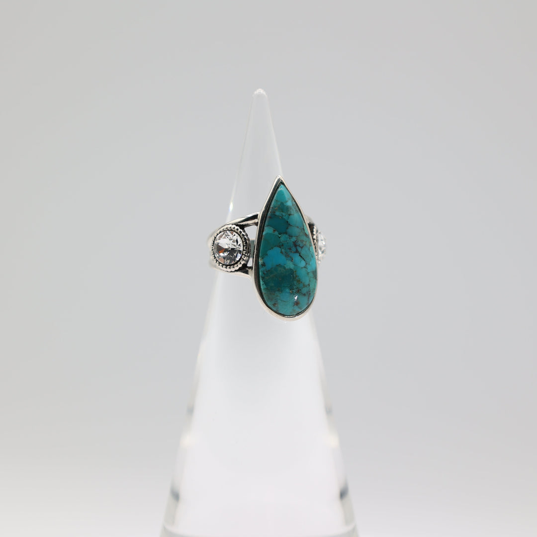 925 Sterling Silver Barse 25x12mm Faux Turquoise Stone & Rhinestones Ring Size 5.75