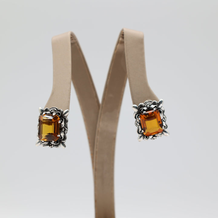 925 Sterling Silver Orange Stone Earrings 13x11mm