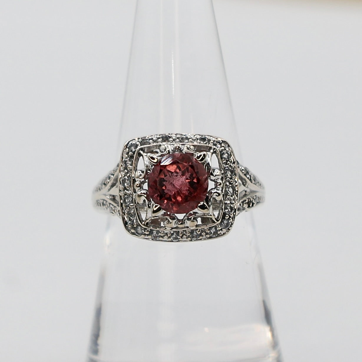 14k White Gold Ring with Pink Tourmaline and Cut Cube Zirconium - Size 6.75