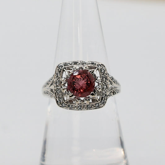 14k White Gold Ring with Pink Tourmaline and Cut Cube Zirconium - Size 6.75