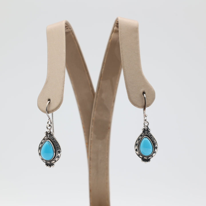 925 Sterling Silver Pear Shaped Turquoise Dangle Earrings 10x7mm