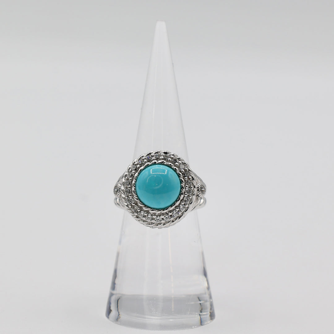 Judith Ripka Sterling Silver Dazzling Round Turquoise Ring with Cubic Zirconia Accents- Size 6