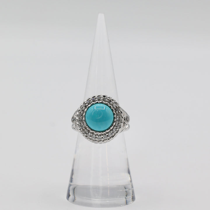 Judith Ripka Sterling Silver Dazzling Round Turquoise Ring with Cubic Zirconia Accents- Size 6