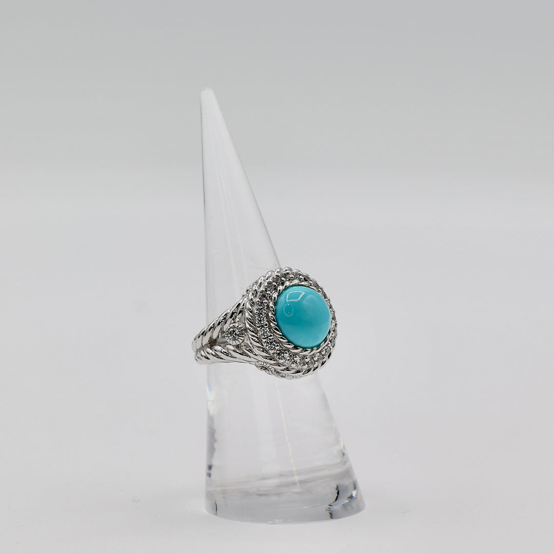 Judith Ripka Sterling Silver Dazzling Round Turquoise Ring with Cubic Zirconia Accents- Size 6