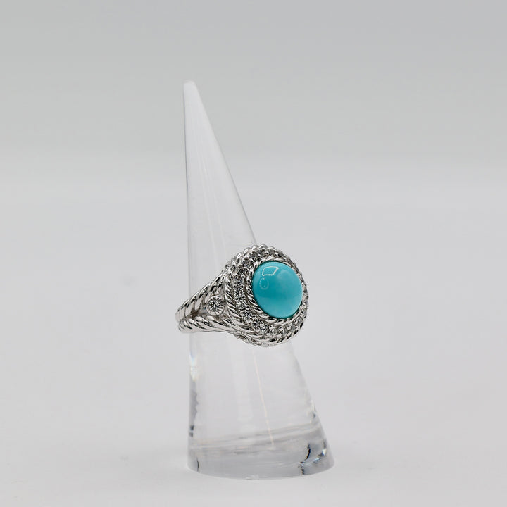 Judith Ripka Sterling Silver Dazzling Round Turquoise Ring with Cubic Zirconia Accents- Size 6