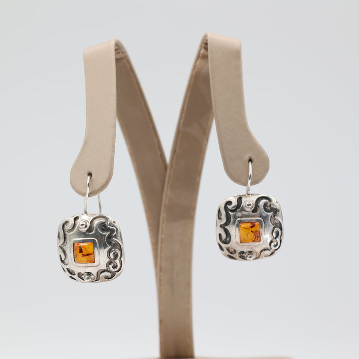 925 Sterling Silver Square Amber Earrings