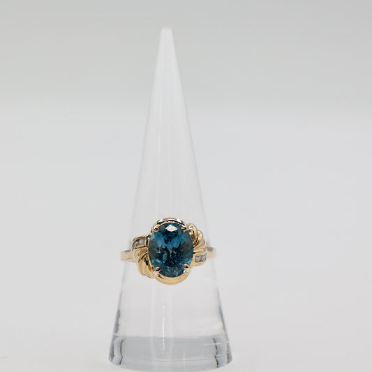 14k Yellow Gold Oval Blue Topaz Diamond Statement Ring- Size 8.5