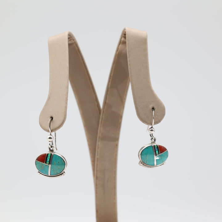925 Sterling Silver Cathy Webster Navajo Turquoise, Opal, Coral Inlay Dangle Earrings