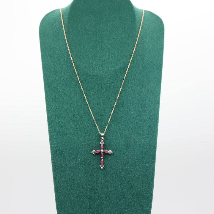 925 Gold Toned Garnet Cross Pendant with 14k Yellow Gold Chain Necklace - 17 in.