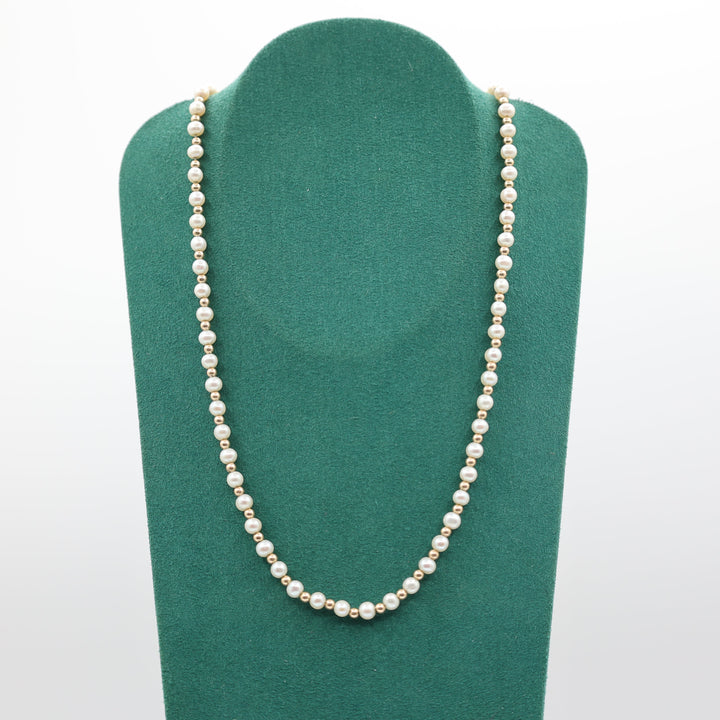 14k Yellow Gold Round Akoya Pearl 5.15mm Beaded Necklace 18 Inch