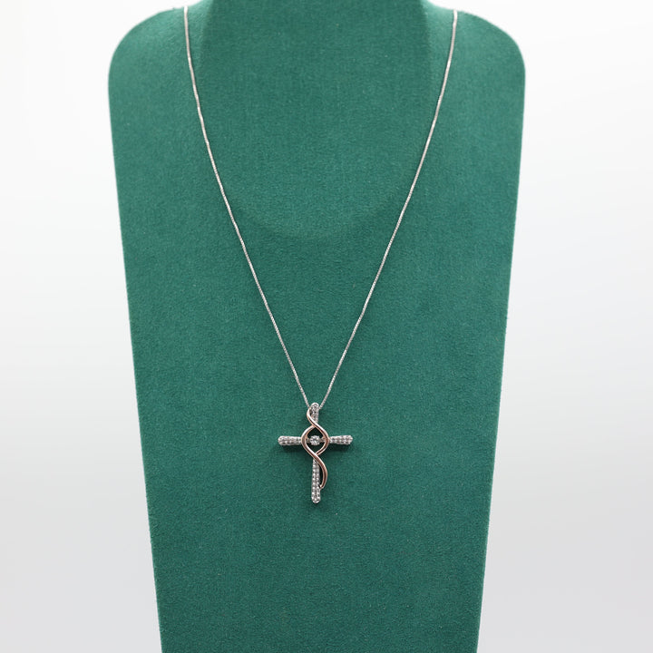 925 Sterling Silver 14k Cross Pendant Necklace with White Sapphire Stones
