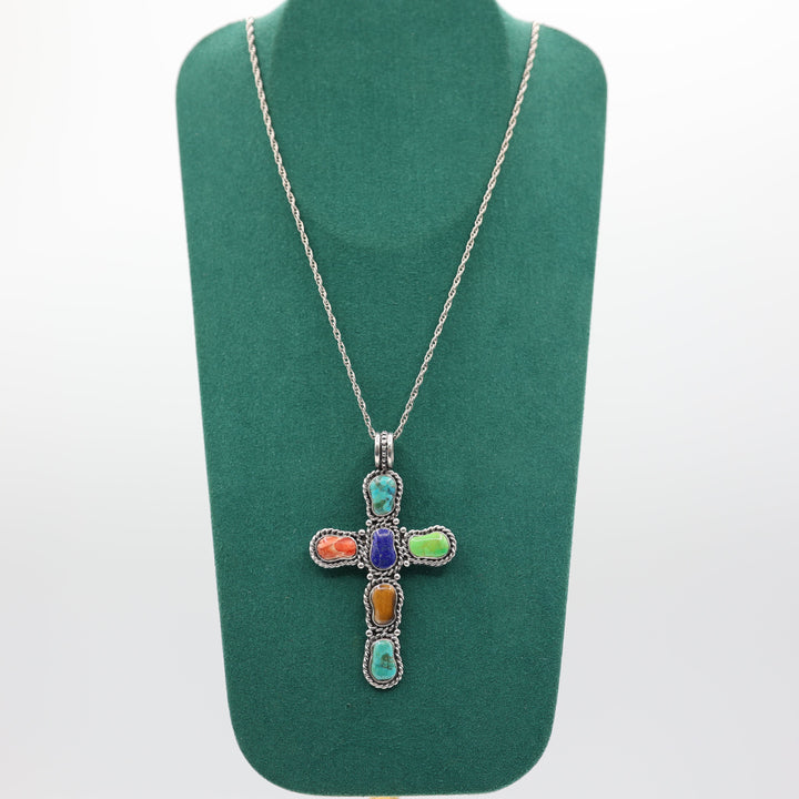 925 Sterling Silver 20 Inch Chain & Southwest Style Tigers Eye,Turquoise Cross Pendant Necklace
