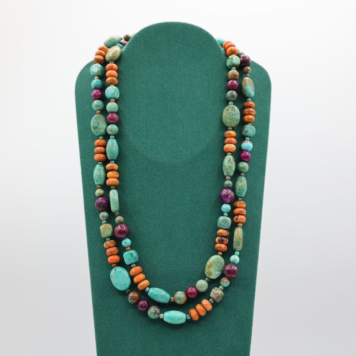 Beaded Necklace Turquoise Lapis Orange Coral Jadeite 20 In