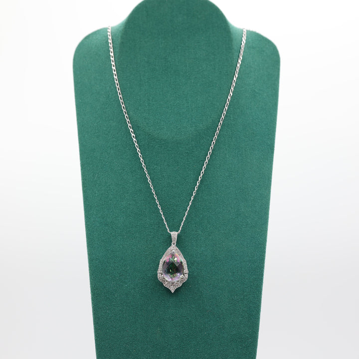 925 Sterling Silver Pear Cut Mystic Topaz Necklace with White Spinel Border Accents 18x13mm