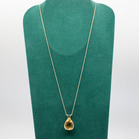 14k Yellow Gold Necklace with Pear Cut Yellow Citrine Gemstone - 10 Inches