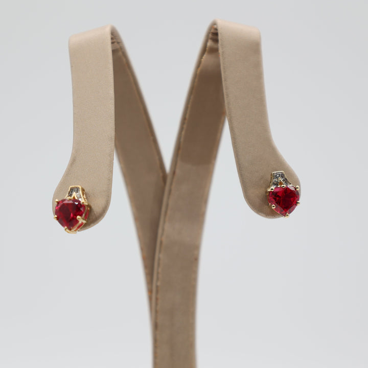 14K Yellow Gold Pink Sapphire Hearts And Diamond Stud Earrings