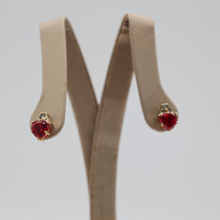 14K Yellow Gold Pink Sapphire Hearts And Diamond Stud Earrings