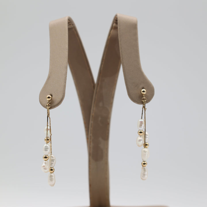 14K Yellow Gold Multi Chain Pearl Elegant Dangle Earrings