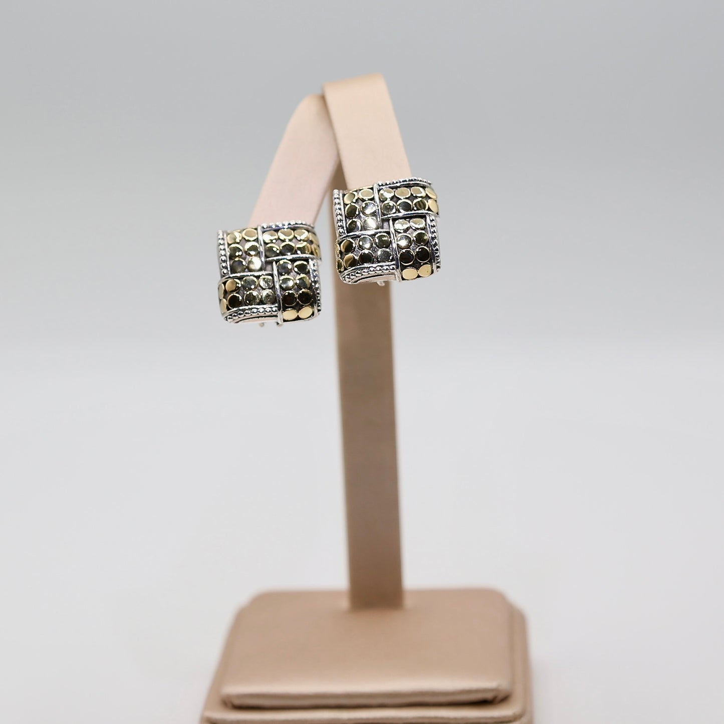 925 Sterling Silver and 18k Yellow Gold Silver Dot Square Omega Back Earrings