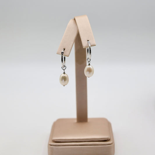 925 Sterling Silver Hoop Drop Faux Pearl Earrings