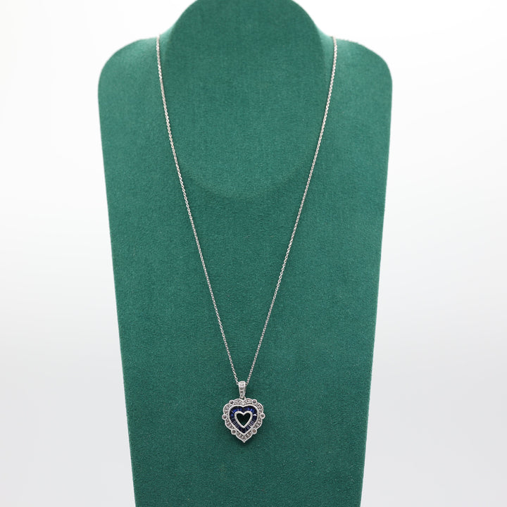 925 Sterling Silver 18 Inch Chain Blue and White Sapphire Open Heart Pendant Necklace