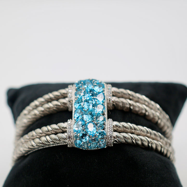 925 Sterling Silver Judith Ripka Blue Topaz Designer Cluster Cuff Bracelet