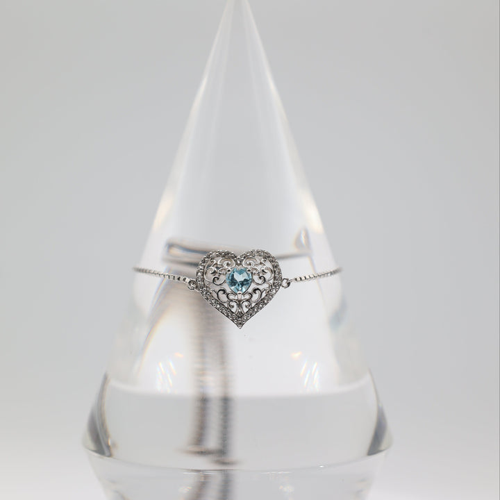 925 Silver Blue Heart Shaped Topaz and White Topaz Adjustable Bracelet 4.5 Inch