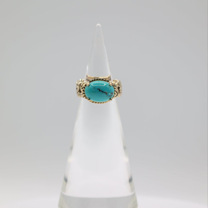 14K Yellow Gold Braided Band Turquoise Cabochon Ring 6.5