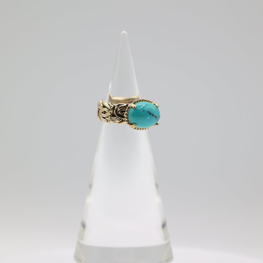 14K Yellow Gold Braided Band Turquoise Cabochon Ring 6.5