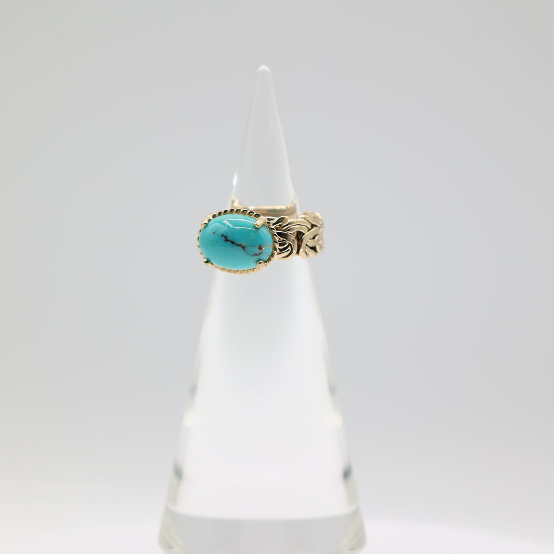 14K Yellow Gold Braided Band Turquoise Cabochon Ring 6.5