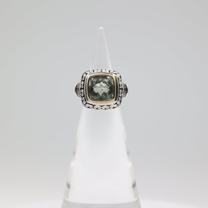 Sterling Silver 14K Gold Prasiolite Diamond JAI Ring 5.75