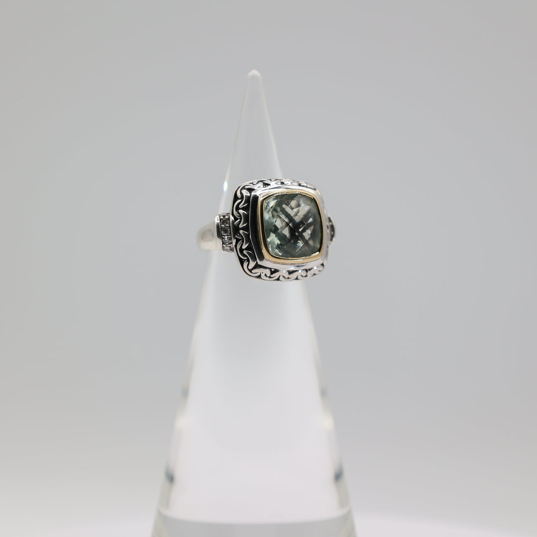 Sterling Silver 14K Gold Prasiolite Diamond JAI Ring 5.75