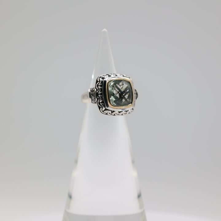 Sterling Silver 14K Gold Prasiolite Diamond JAI Ring 5.75