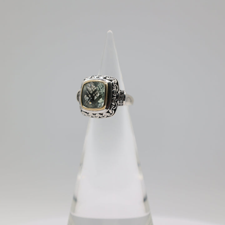 Sterling Silver 14K Gold Prasiolite Diamond JAI Ring 5.75