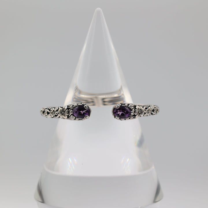 925 Sterling Silver Filigree Flower Amethyst Hinged Bracelet