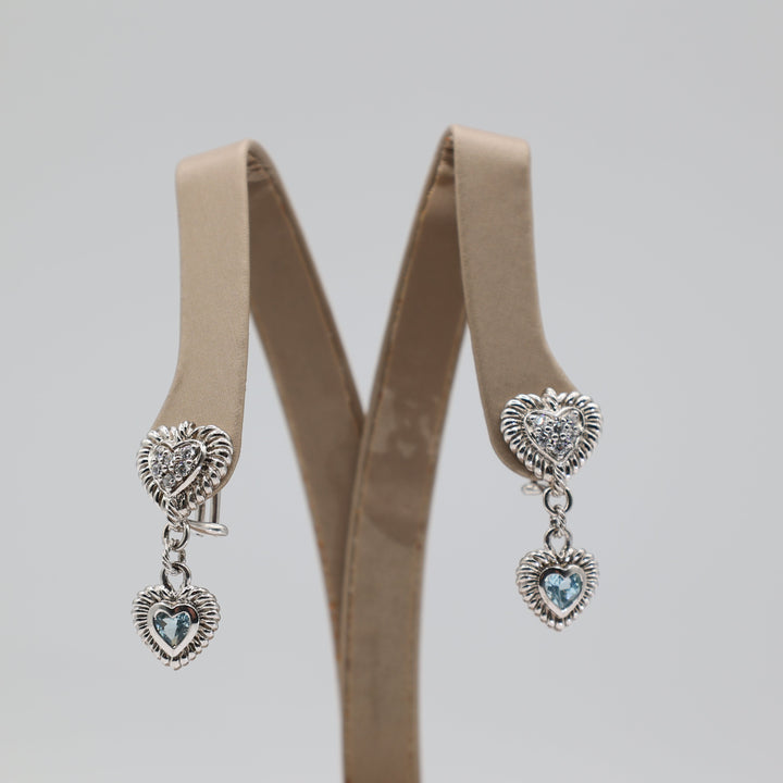 Judith Ripka 925 Blue Topaz Heart and White CZ Dangle Earrings