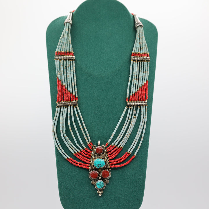 Southwest Style Tibetan Turquoise and Coral Beaded Necklace and Bracelet Set