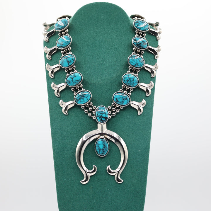 Vintage Goldette Faux Turquoise Squash Blossom Necklace