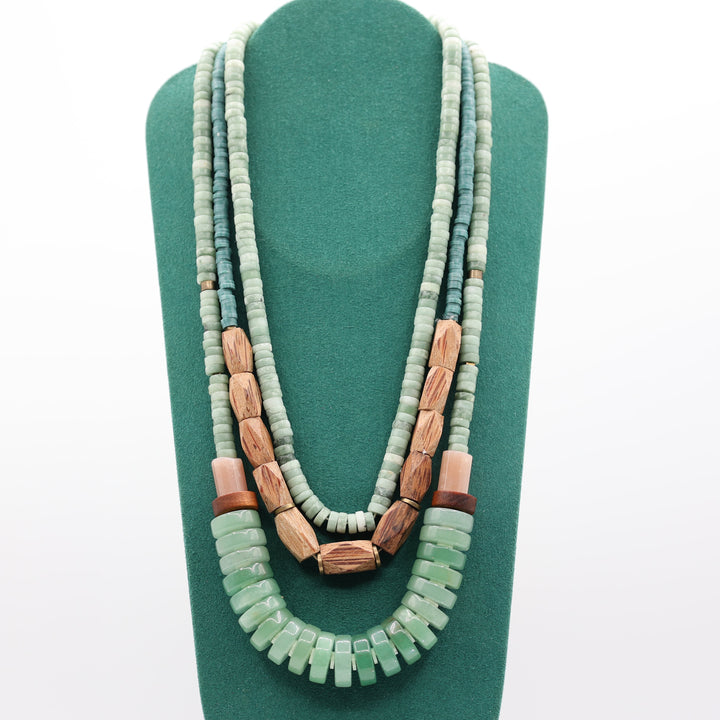 Costume Serefina Chrysoprase Jade and Wood Triple Strand Beaded Necklace