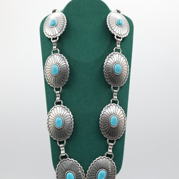 Costume Concho Style Metal Belt with Faux Turquoise Stones Size XL